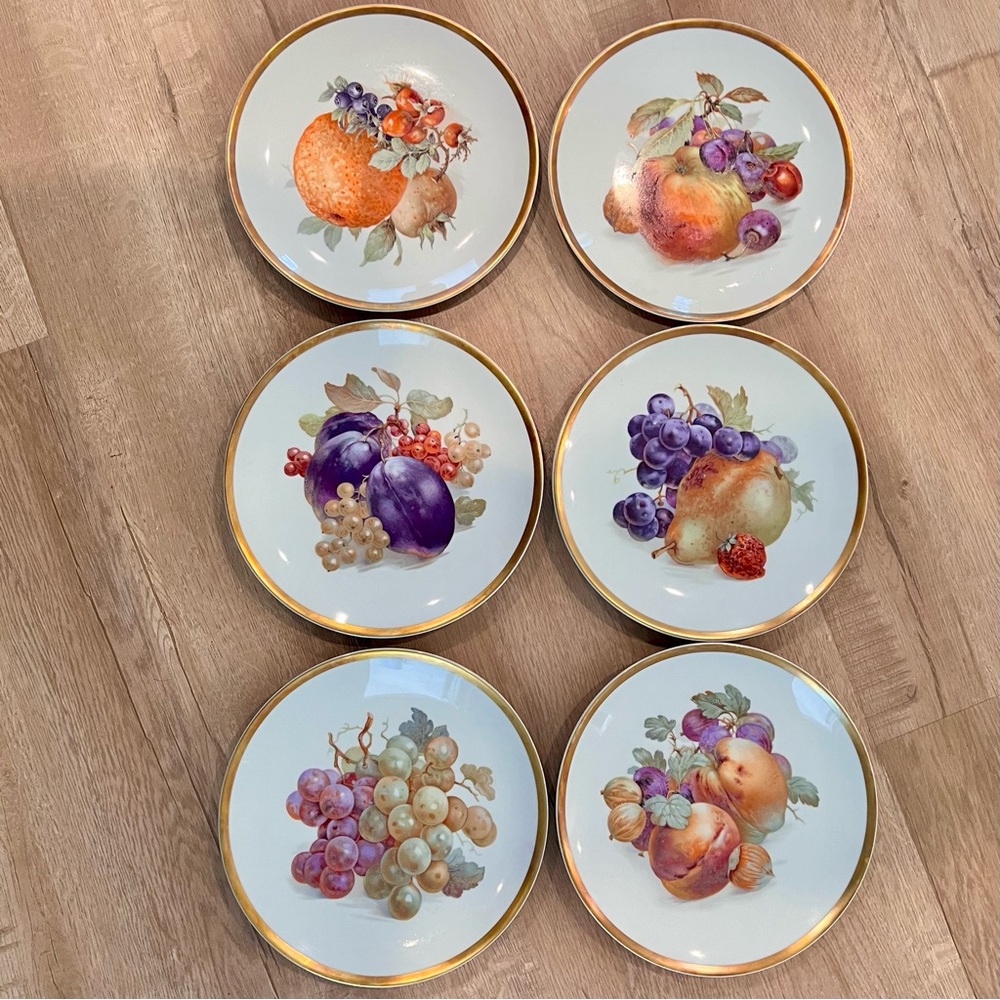 6 PCs 1950s Bavaria Germany Golden Crown E &‎ R 1886 Orchard Salad Plates 8” Vtg